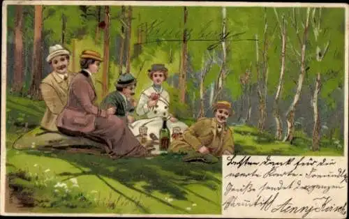 Präge Litho Menschen machen Picknick im Wald