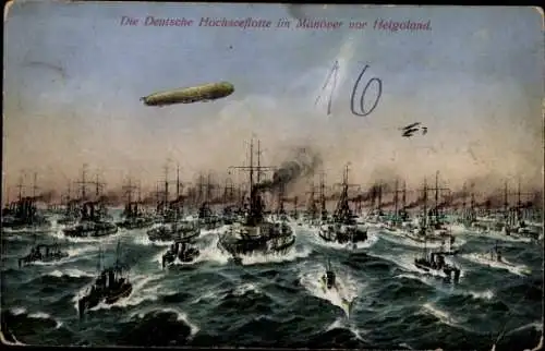 Ak Nordseeinsel Helgoland, Deutsche Hochseeflotte, Manöver vor  Zeppelin LZ 16