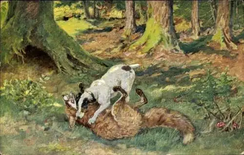 Künstler Ak Jagdhund erlegt Fuchs