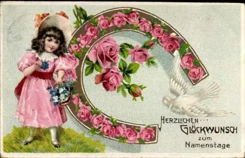 Präge Passepartout Ak Glückwunsch zum Namenstag, Rosen, Hufeisen, Blumenmädchen