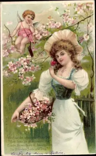Litho Frau mit Blumenkorb, Engel