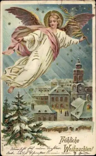 Präge Litho Fröhliche Weihnachten, Engel, Stadt