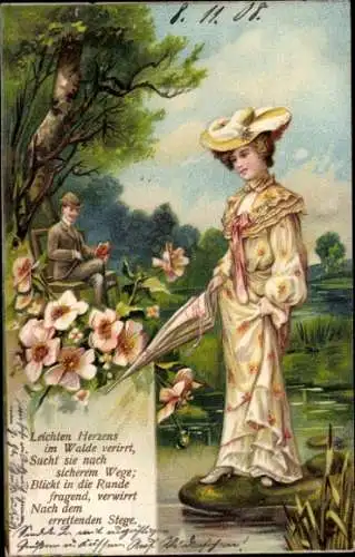 Ak Frau in gelbem Kleid mit Hut, Mann auf einer Bank sitzend