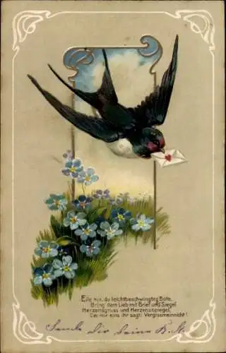 Ak Schwalbe mit Brief im Schnabel, Vergissmeinnicht