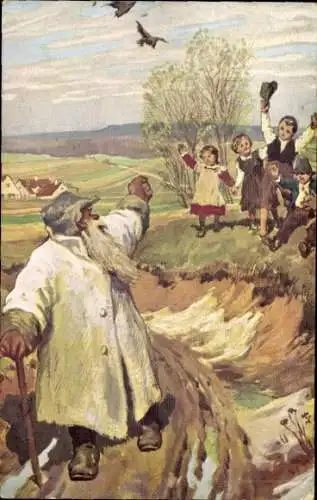 Ak Bischwiller Bischweiler Elsass Bas Rhin, Ein alter Mann mit langem Bart und Stock vertreibt...