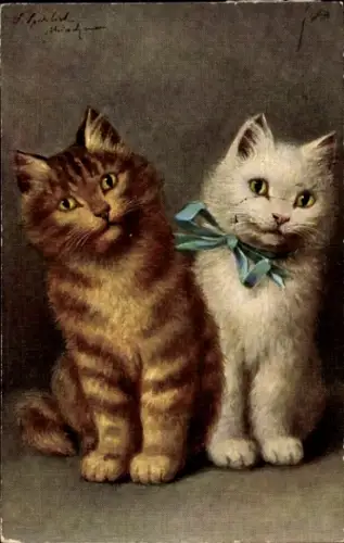 Künstler Ak Sperlich, Zwei sitzende Katzen, getigerte Katze, weiße Katze mit Schleife