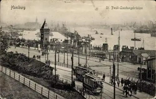 Ak Hamburg Mitte St. Pauli, Landungsbrücken, Straßenbahn