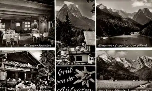 Ak Garmisch Partenkirchen in Oberbayern, Rießersee, Aulealm, Gaststube, Waxenstein, Zugspitze