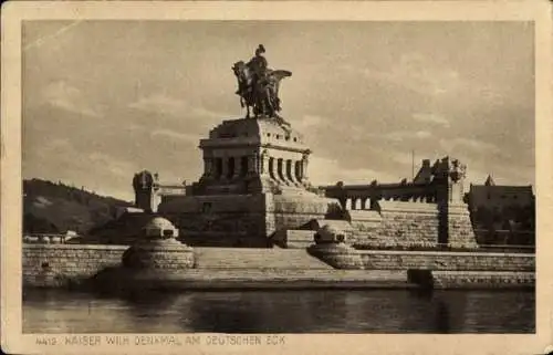 Ak Koblenz am Rhein, Kaiser Wilhelm Denkmal am Deutschen Eck, Reiterstandbild, Rhein