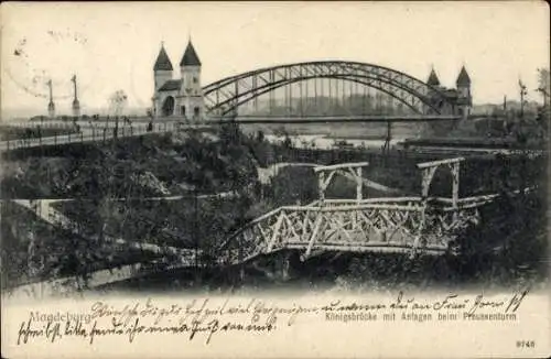 Ak Magdeburg an der Elbe, Königsbrücke mit Anlagen beim Preussenturm