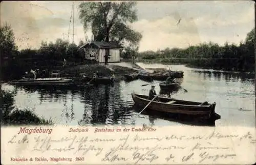 Ak Calenberge Magdeburg, Stadtpark Bootshaus an der Tauben Elbe