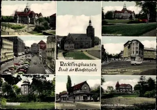 Ak Recklinghausen im Ruhrgebiet, Rathaus, Petrus-Kirche, Markt, Sternwarte, Rathausanlage, Spa...