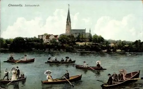 Ak Chemnitz in Sachsen, Blick auf den Schlossteich mit der Jakobikirche, Gondeln auf dem Wasse...