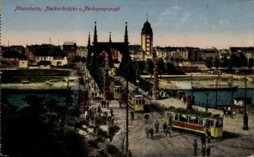 Ak Mannheim in Baden,  Neckarbrücke und Neckarvorstadt. Straßenbahn, Personen