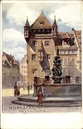 Künstler Ak Nürnberg, Nassauer Haus mit Springbrunnen