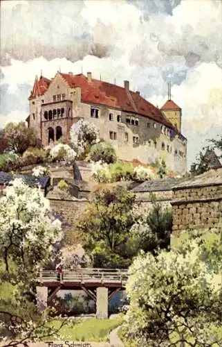 Künstler Ak Schmidt, Franz, Nürnberg, Partie an der Burg, Spaziergängerin im Garten