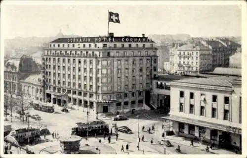 Ak Genève Genf Stadt, Hotel Cornavin, Straßenbahn