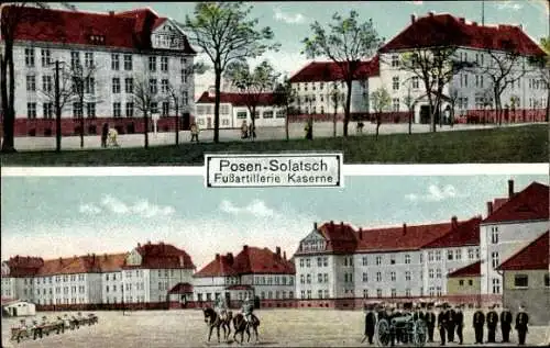 Ak Sołacz Solatsch Poznań Posen, Fußartillerie-Kaserne, Kasernenhof, Soldaten am Geschütz