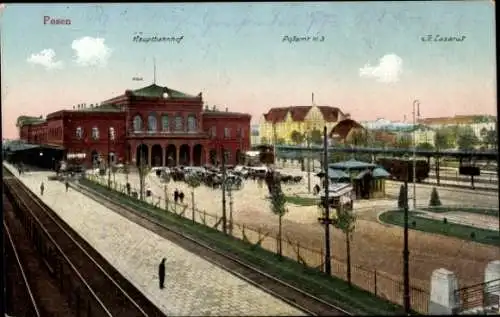 Ak Poznań Posen, Hauptbahnhof, Gleisseite, St. Lazarus, Postamt W 3