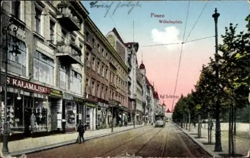 Ak Poznań Posen, Wilhelmplatz, Straßenbahn, Königliches Schloss, G. S. Kalamajski