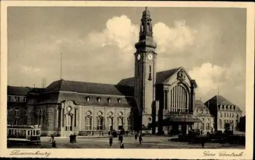 Ak Luxemburg, Gare Centrale, Zentralbahnhof, Straßenbahn