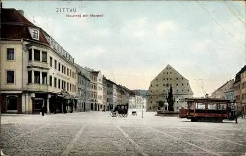 Ak Zittau in der Oberlausitz, Neustadt m. Marstall, Straßenbahn, Sächsischer Hof