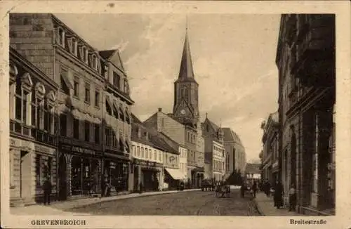 Ak Grevenbroich in Westfalen, Breitestraße, Kirche im Hintergrund, historische Gebäude, Pferd ...