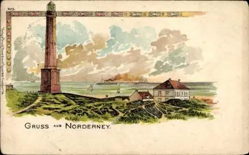 Litho Norderney in Ostfriesland, PLeuchtturm mit Meerblick