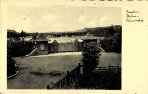 Ak Hamborn Duisburg im Ruhrgebiet, Eingang zum Schwimmbad, Stadionatmosphäre, historische Arch...