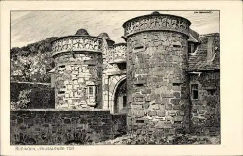Ak Büdingen in Hessen, Stadtmauer, Jerusalemer Tor, historische Architektur