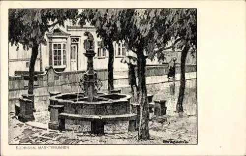 Ak Büdingen in Hessen, Marktbrunnen, Brunnen, Häuser, Bäume, Zeichnung