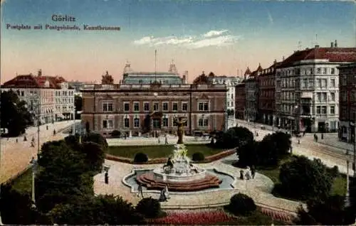 Ak Görlitz in der Lausitz,  Postplatz, Postgebäude, Kunstbrunnen