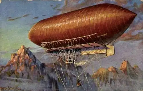 Künstler Ak Stövhase, Zeppelin im Gebirge