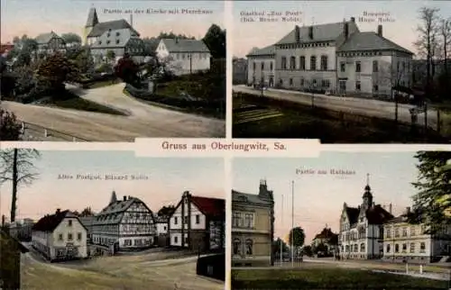 Ak Oberlungwitz Sachsen, Rathaus, Brauerei, zur Post