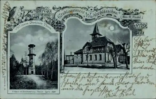 Ak Gera in Thüringen, Grablissement Waldschlösschen, Wilhelm Gladitsch, Aussichtsturm, Postkarte