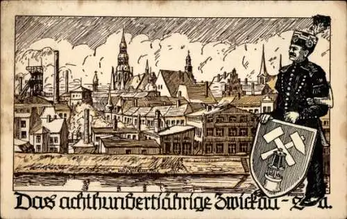 Ak Zwickau in Sachsen, Historische Stadtansicht, Bergstadt  Türme, Soldat