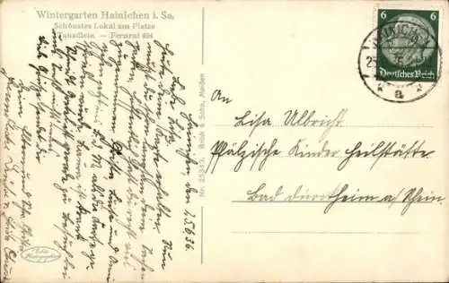 Ak Hainichen in Sachsen, Lokal Wintergarten, Innenansicht, Billardtisch