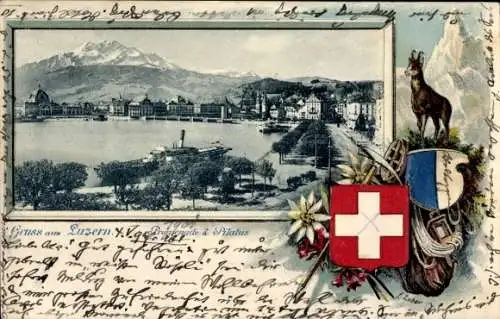 Präge Passepartout Ak Luzern Stadt Schweiz, Promenade und Pilatus