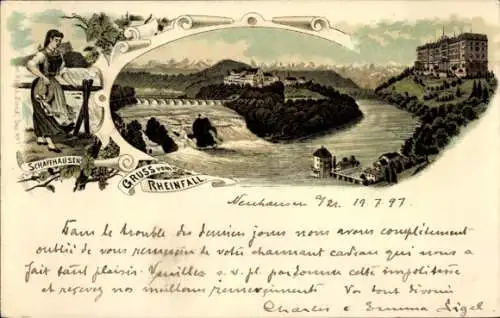 Ak Rheinfall Kanton Schaffhausen, Frau mit Krug, Rheinfall, Schloss Laufen