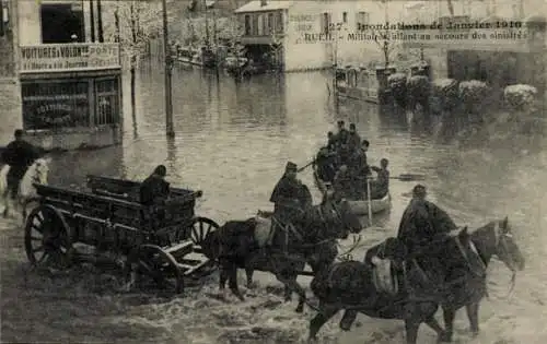 Ak Rueil Malmaison Hauts de Seine, Überschwemmung, Januar 1910, Männer auf Pferdewagen