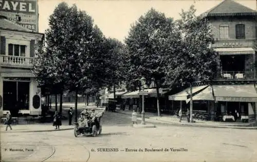 Ak Suresnes Hauts de Seine, Entree du Boulevard de Versailles, voiture, Café Ribard