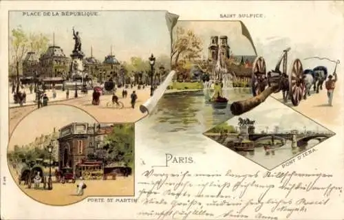 Litho Paris X., Pont d'Iena, Porte St. Martin, Saint Sulpice, Place de la Republique