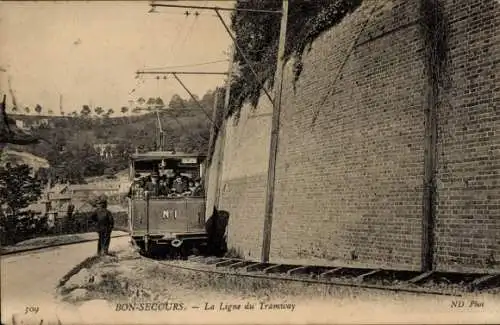 Ak Bon Secours Bonsecours Péruwelz Hennegau, Straßenbahn fährt entlang der Mauer