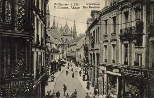 Ak Mulhouse Mülhausen Elsass Haut Rhin, Schulstraße, Tengelmanns Kaffee