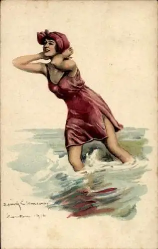 Künstler Ak Clemenny, Frau in Badekleidung, Bademode