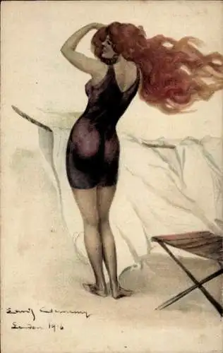 Künstler Ak Clemenny, Frau in Badekleidung, Bademode, Erotik