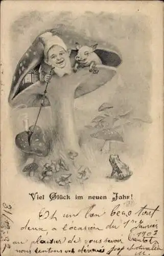 Ak Glückwunsch Neujahr, Zwerg, Fliegenpilz, Schwein