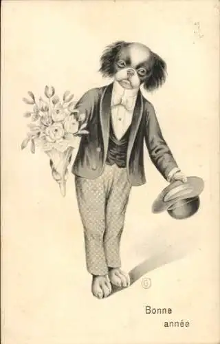 Ak Glückwunsch Neujahr, Vermenschlichter Hund mit Blumenstrauß