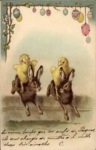 Ak Glückwunsch Ostern, Küken reiten auf Hasen, Ostereier