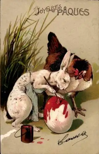 Präge Litho Glückwunsch Ostern, Osterhase, vermenschlicht, Hahn